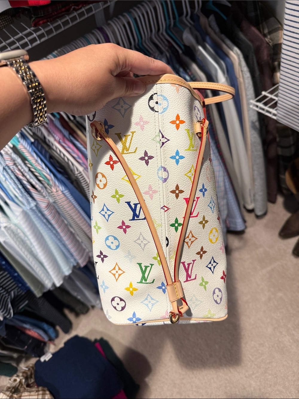 Designer inspired White Multicolor Monogram Canvas Tote with Pouch - Picture 5 of 5